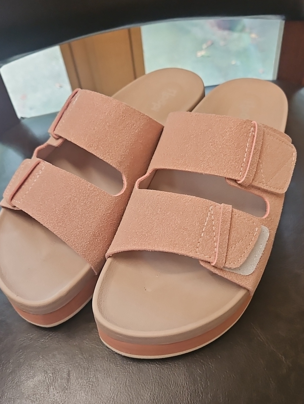 Women's Double-Strap Faux Suede Platform Slide Sandals in Dusty Rose